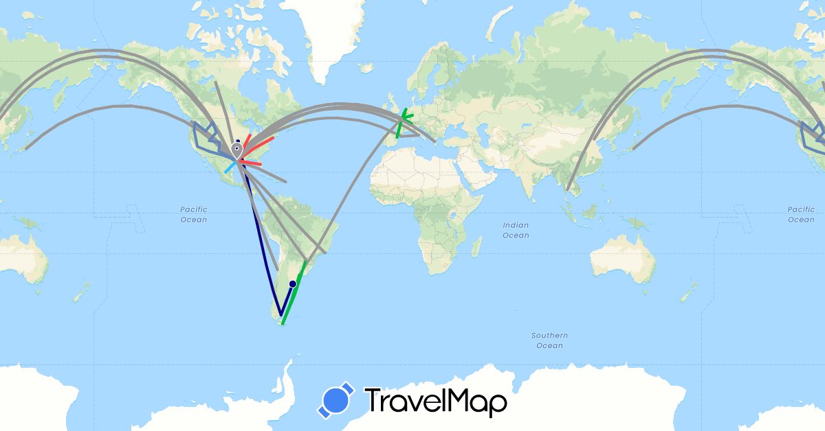 TravelMap itinerary: driving, bus, plane, cycling, hiking, boat in Argentina, Belgium, Brazil, Canada, Switzerland, Chile, China, Germany, Spain, France, Greece, Italy, Japan, Mexico, Netherlands, Thailand, United States (Asia, Europe, North America, South America)